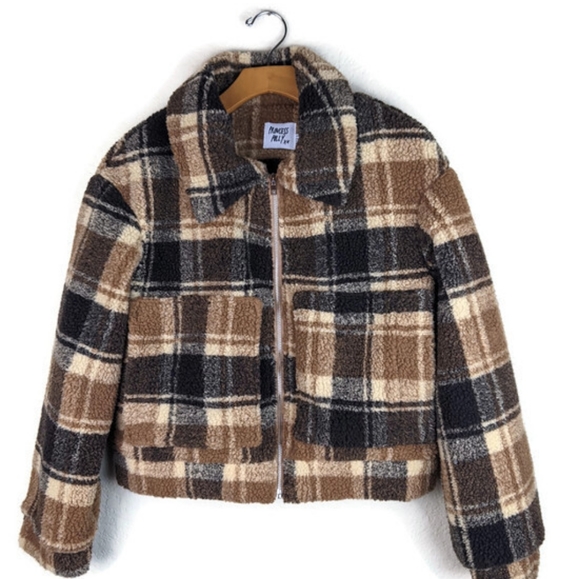 NWOT Princess Polly Doria Jacket Brown Plaid Cropped Oversized Boxy Zip Teddy - Picture 5 of 16